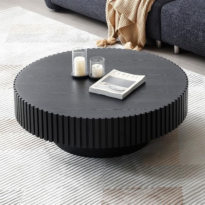 Round Coffee Table for Living Room, Accent Fluted Drum Coffee Table with Storage, Modern Solid Wood Circle Center Tea Table for Small Space Apartment (39.4''D×14''H-Black)