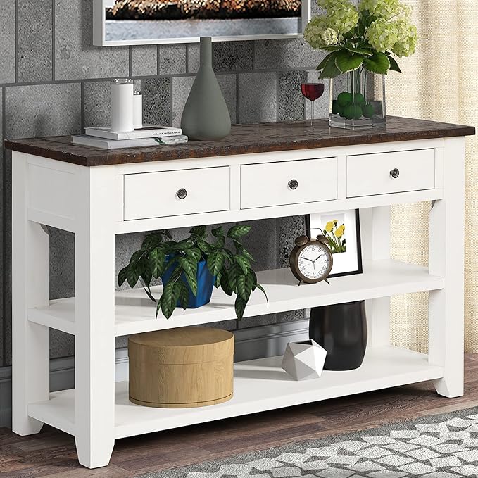 Knocbel Farmhouse Entryway Long Console Table with 3 Storage Drawers and Bottom Open Shelves, Entry Hallway Foyer Sofa Table with Handles, 29.9" H x 48.8" W x 15.8" D (Antique White and Brown)