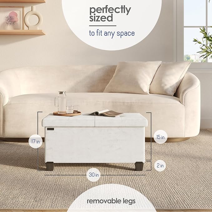 STORAGEBUD Storage Ottoman Bench with Bins, 30-in Storage Bench for Bedroom End of Bed, Folding Foot Rest Ottoman for Living Room Max 660lbs, Velvet Ottomans, Cream