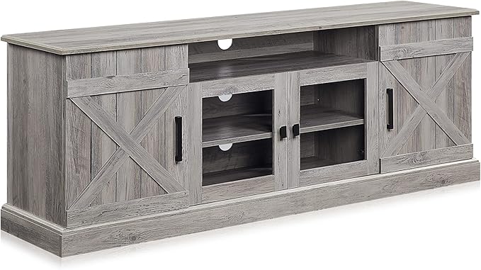 BELLEZE 65 Inch Modern Farmhouse Industrial Style Entertainment TV Stand for TVs Up to 70 Inches, Versatile Media Cabinet with Shelves and Storage - Veropeso (Gray Wash)