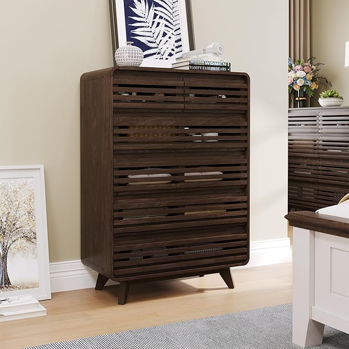 Fluted Dresser for Bedroom, Tall Dresser with 6 Drawers, Chests of Drawers with Grille & Curved Design, Dressers Slides Pre-Installed, Large Wood Drawer Organizer for Bedroom Hallway, Dark Walnut