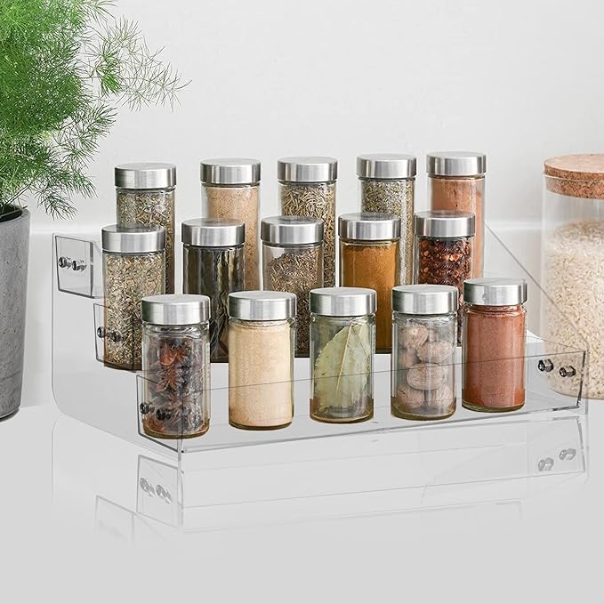 Acrylic Spice Rack, Tiered Spice Rack Shelf Seasoning Organizer for Countertop, Cabinet, Pantry, Kitchen Storage - 3 Tier