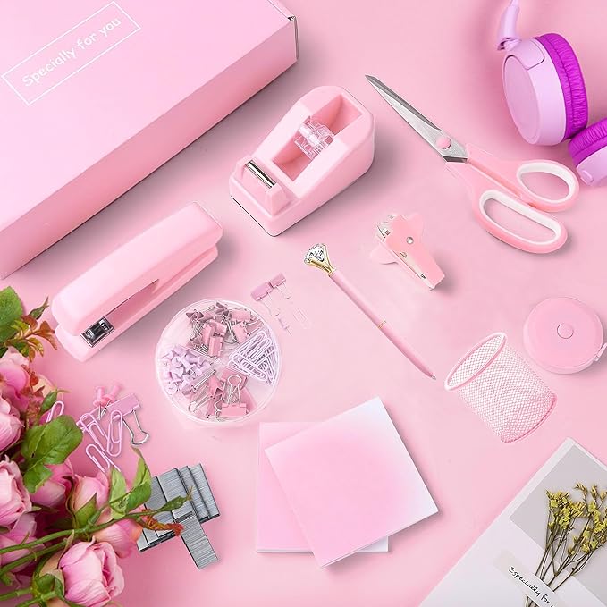 Pink Office Supplies, Pink Desk Accessories, Stapler, Staple Remover, Tape Holder, Pen Holder, Ballpoint Pen, Scissor, Binder Clips, Paper Clips and 1000pcs Staples.