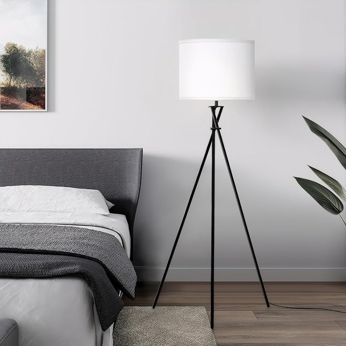 Floor Lamp for Living Room, 61'' Modern Tripod Floor Lamps with White Shade & Rotary Switch, Black Floor lamp for Bedroom, Office, Simple Design Lamp