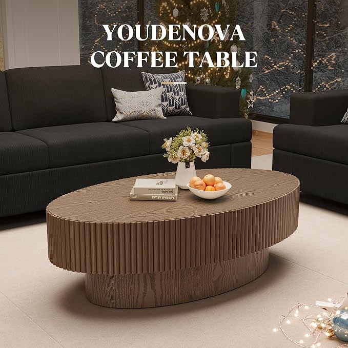Oval Wood Coffee Table, Modern Fluted Coffee Table for Living Room, Veneer Handcrafted Relief 43.7" Olive-Shaped Tea Table with Sturdy Pedestal,Easy Assembly - Walnut