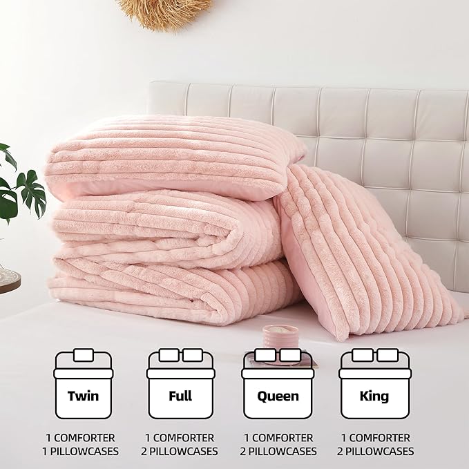 Smoofy Fluffy Queen Size Comforter Set 3 Pieces - Blush Pink Fleece Fluffy Comforter Set, Luxury Fuzzy Queen Bedding, Soft Warm Queen Bed Set All Season, Heavy Faux Fur Comforter with 2 Pillow Cases