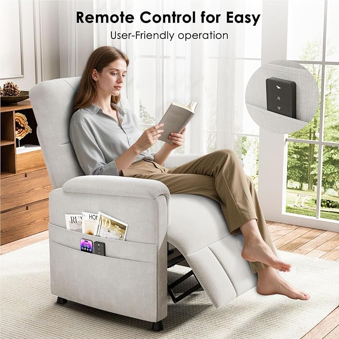 Amada Power Recliner Chair for Adults, Chenille Electric Reclining Chair for Small Spaces with Remote & Side Pockets, Thick Seat Cushion for Home Theater, RV, Living Room & Bedroom (White)