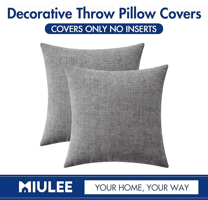 MIULEE Pack of 2 Couch Throw Pillow Covers 18x18 Inch Soft Dark Gray Chenille Pillow Covers for Sofa Living Room Solid Dyed Pillow Cases
