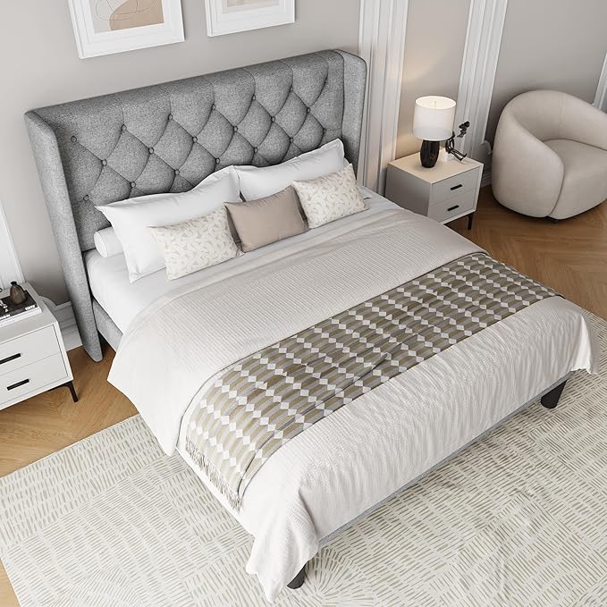 Queen Size Upholstered Bed Frame with Wingback Headboard, Fabric Linen Platform Bed, 8" Under Bed Storage, No Box Spring Needed, Wooden and Metal Slats Support, Light Grey