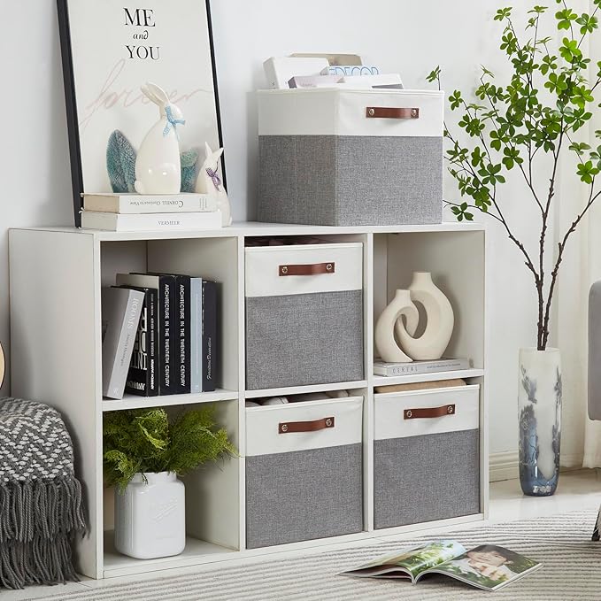 Collapsible Fabric Storage Cube Bins with 2 Reinforced PU Handles, Foldable Storage Organizer Baskets for Closet, Shelves, Living Room | 13"x13"x13", 4 Pack, Gray & White