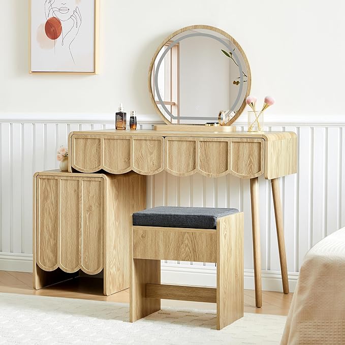 ORRD Vanity Desk with Mirror and Lights, Modern Wood Wave Panel Vanity Desk Set Makeup Table with Drawers and Cabinet, Dressing Table with Storage for Bedroom, Natural