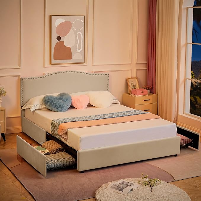 VECELO Full Bed Frame, Platform Bed Frame with Underbed Storage Drawers and Adjustable Height Upholstered Headboard, Heavy-Duty Frame and Strong Wooden Slats Support, Noise-Free, Easy Assembly, Beige