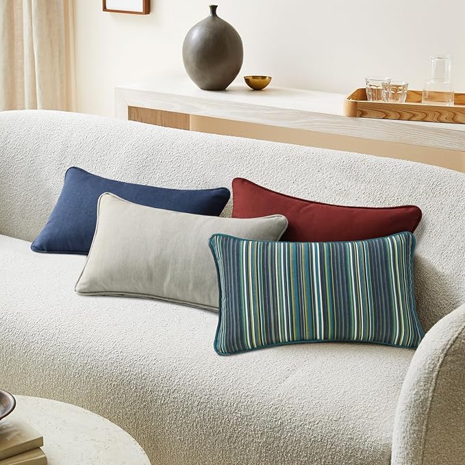 Sunbrella Decorative Outdoor Water Repellent Throw Pillows with Inserts, Set of 4, 20" x12" Pillows for Patio, Backyard, Bed, Couch, and Patio Furniture, Beach Stripe Lagoon