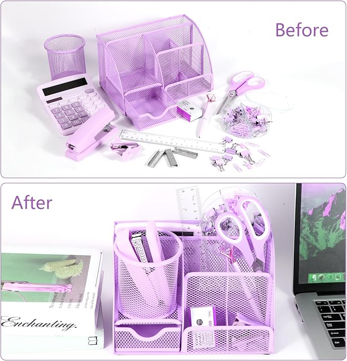 yuun Desk Organizers and Accessories, Purple Office Organizer for Women Storage with Stapler, Tape Holder, Clips Set, Staple Remover, Scissor, Pen Holder, Ruler, Pen, Staples and Transparent Glue