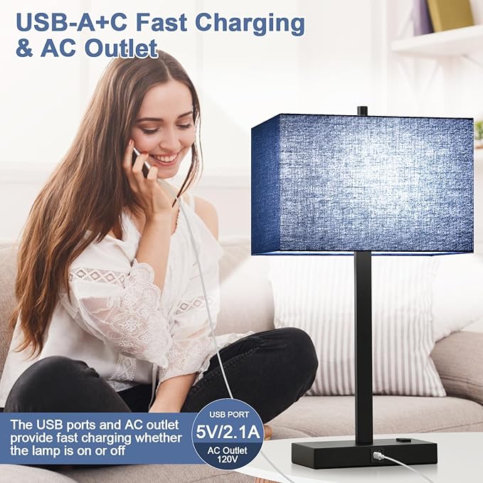 21" Touch Bedside lamps with 2 USB & AC Outlets, 3-Way Dimmable Bedside Table Lamps Set of 2 for Bedroom Living Room Office Reading, Blue Shade Lamps for Night Stands, 5000K LED Bulbs Included