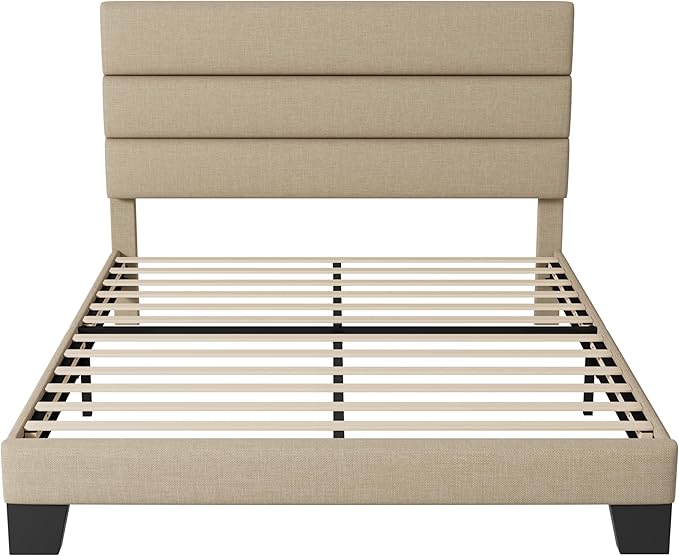 WEEWAY Full Size Bed Frame Platform Bed with Linen Fabric Upholstered Headboard and Wooden Slats Support, Heavy Duty Mattress Foundation, No Box Spring Needed, Easy Assembly, Beige
