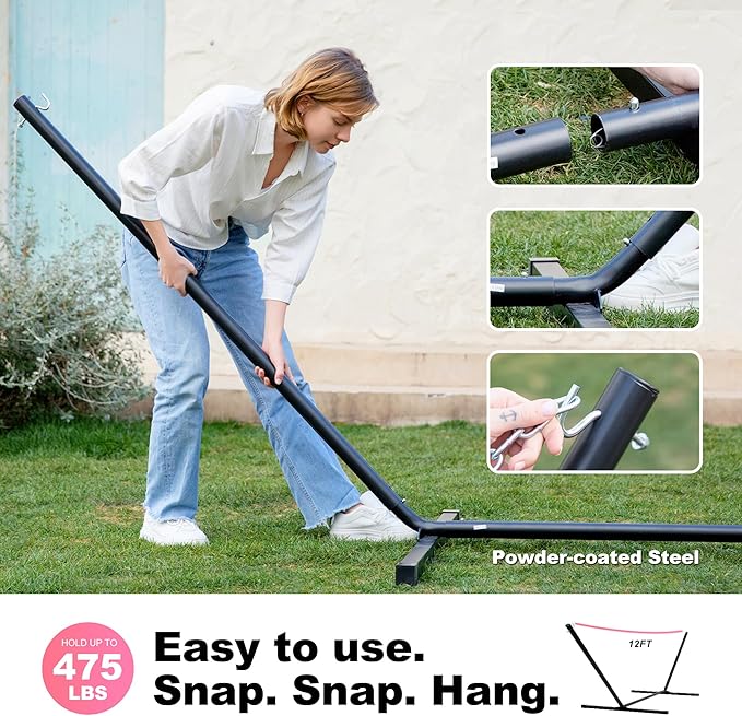 Waterproof Double Hammock with Stand for Outside Heavy Duty, 2 Person 55'' Large Quick Dry Textilene Hammocks with Hardwood Spreader Bar, Pillow, Side Pocket, 475lbs Capacity (Pink & White)