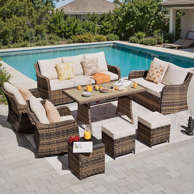 8 Pieces Patio Furniture Set with Swivel Rocking Chairs, Patio Conversation Set with Dining Table, Patio Dining Set with Waterproof Cushions for Lawn Backyard Porch (Brown)