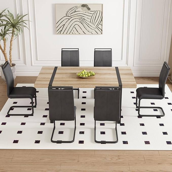 Dining Table Chairs Set for 6, Modern Rectangular Dining Room Table Set PU Leather Upholstered Dining Chairs 71" Dinner Table Set for Kitchen (Black, 71 Inch Brown Table+6 Chairs)
