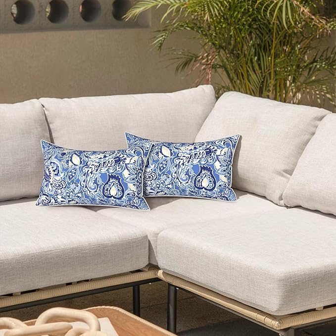 LVTXIII Outdoor Lumbar Pillow Covers 12"x20", Covers ONLY, 2 Pack 30x50cm Lumbar Cushion Cover with White Piping for Home Patio Garden Sofa Bench, Floral Bluish Violet