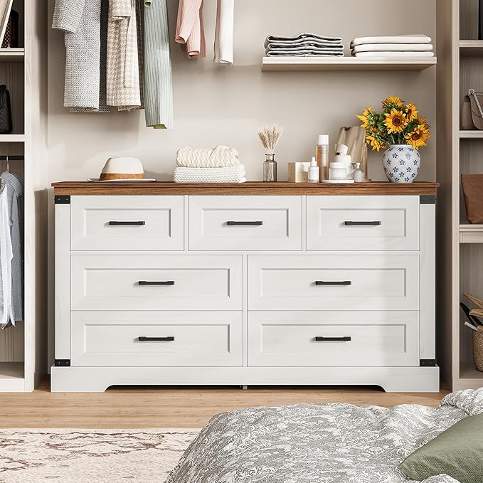 Hasuit White Dresser for Bedroom, Wooden 55.1" Long Dressers Chest of Drawer, Farmhouse 7 Drawer Dresser with Thick Styling, Large Capacity Storage Cabinet Organizer, Wide Dressers for Bedroom Hallway