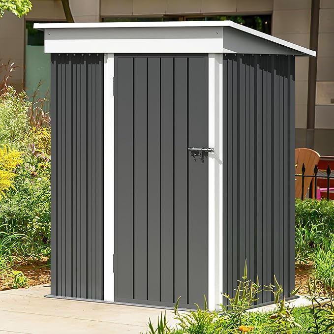 GUNJI 5 x 3 FT Shed Outdoor Storage Shed Metal Garden Shed with Lockable Door Outside Waterproof Tool Shed for Backyard, Patio, Lawn (Gray)