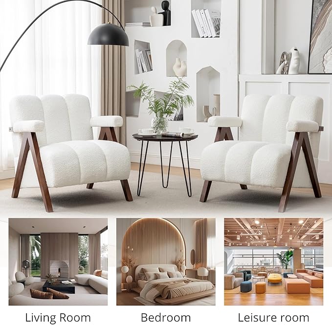 Mid Century Modern Accent Chair with Solid Wood Frame, Boucle Upholstered Living Room Chairs with Thick Cushion, Comfy Tufted Arm Chair for Bedroom, Ivory