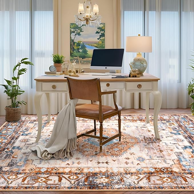 Washable Area Rugs for Living Room, Orange 4x6 Non Slip Vintage Floral Room Rug for Bedroom, Low Pile Indoor Carpet for Dining Room, Home Office, Kitchen, Dorm