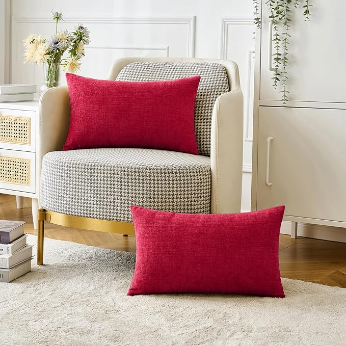 MIULEE Pack of 2 Red Couch Throw Pillow Covers 12x20 Inch Soft Chenille Pillow Covers for Sofa Living Room Solid Dyed Pillow Cases