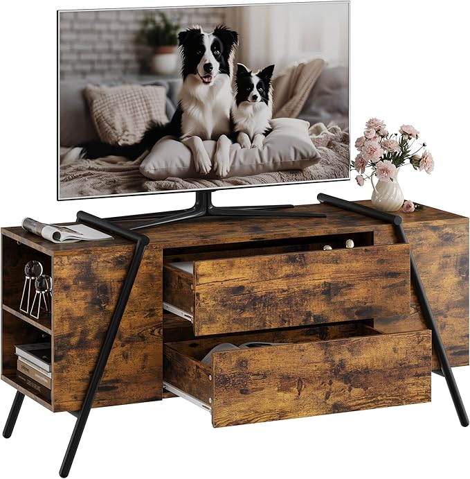 GarveeHome TV Stand for 47 Inch TV, Entertainment Center with 2 Drawers, Adjustable Shelves, U-Shaped Metal Legs, Farmhouse Wooden TV Console for Living Room, Bedroom, Amber Oak