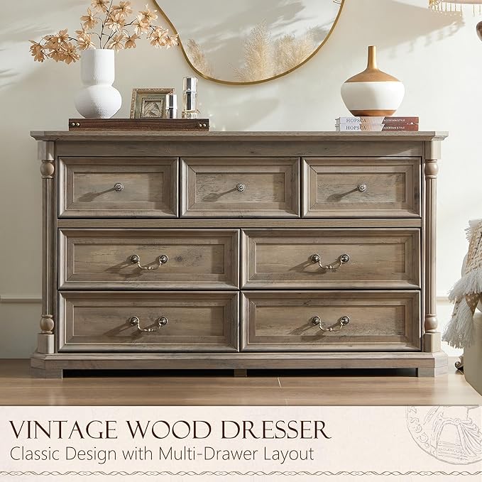 Yechen Rustic 7-Drawer Solid Wood Dresser for Bedroom & Living Room – Vintage Storage Cabinet with Decorative Hardware, Sturdy Construction & Versatile Organizing Solutions (Light Rustic Oak)