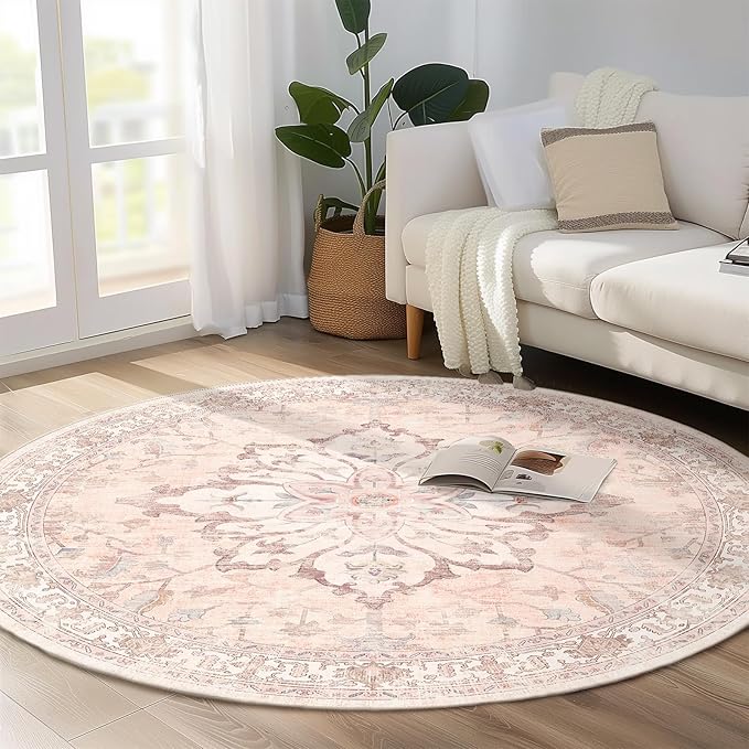 Area Rugs 6ft Washable Non-Slip, Floral Vintage Distress Print Pattern Medallion Carpet for Living Room Bedroom Dining Room, Pink Greypink Cute