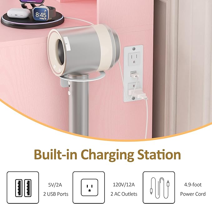 Vanity Desk with Mirror and Lights, Large Makeup Vanity Set with Power Outlet & RGB Glass Cabinet, 3 Drawers, Pink Vanity Mirror with Lights Dressing Table for Girls Women, 3 Color Modes