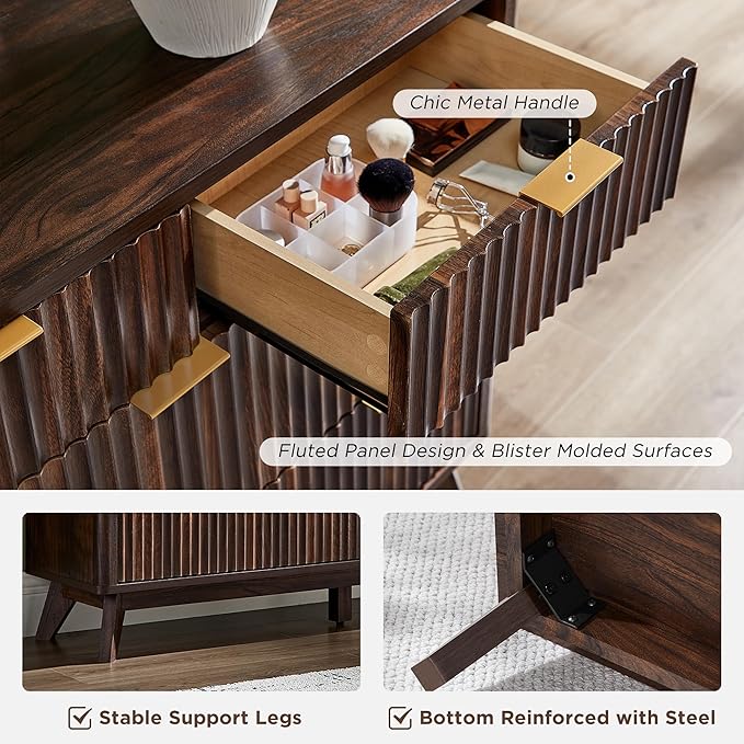 T4TREAM Fluted 7 Drawers Dresser, 54" Wide Modern Chest of Drawers, Curved Profile Design, Dresser TV Stand, Wood Drawer Organizer for Bedroom, Living Room, Hallway, Dark Walnut