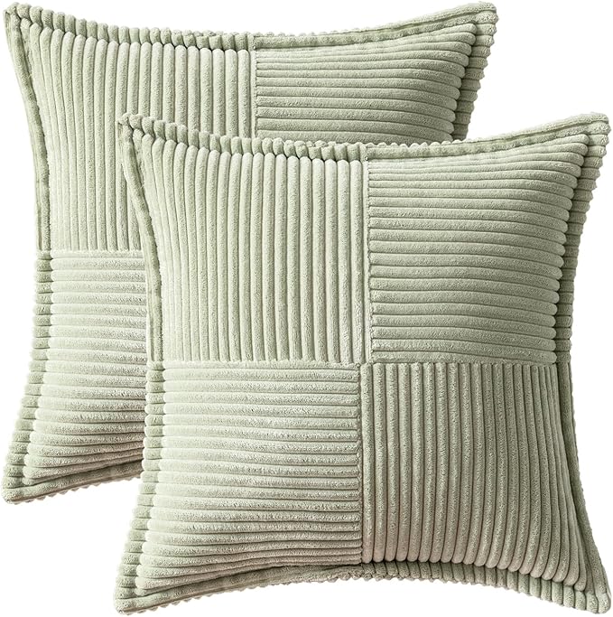MIULEE Decorative Throw Pillow Covers for Couch Bed Livingroom 16x16 Inch Set of 2 Light Green Boho Accent Throw Pllows Broadside Striped Patchwork Soft Corduroy Summer Pillowcases