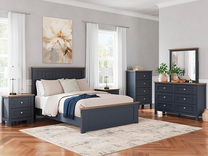 Signature Design by Ashley Landocken Casual 6-Drawer Dresser and Mirror with Safety Stop, Blue & Light Brown