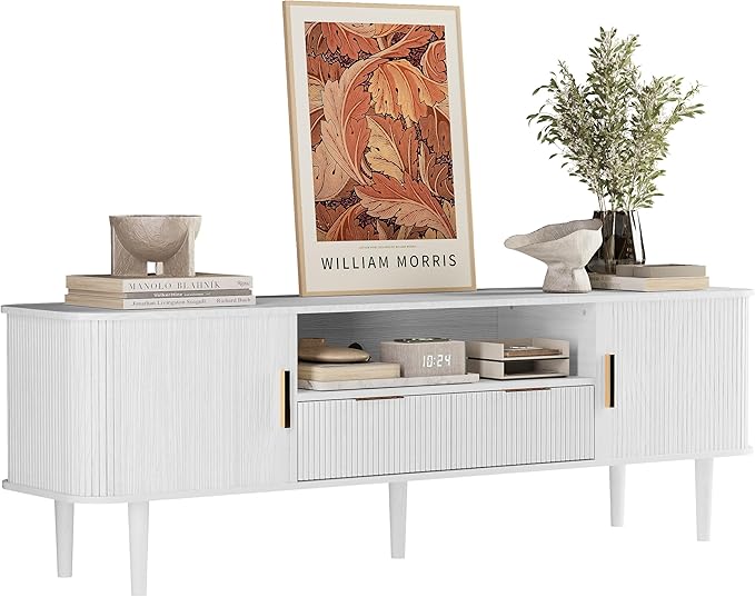 TV Stand 62.4 Inch Mid Century Modern Media Console Table with Drawer Sliding Tambour Door Farmhouse Sideboard Buffet Cabinet Fits TVs up to 75 inch Fluted Wood Entertainment Center(White)