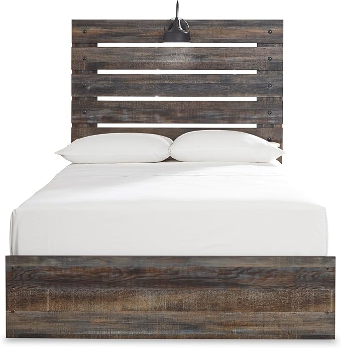 Signature Design by Ashley Drystan Rustic Full Panel Bed, Sconce LED Lights, USB Ports and Nailheads, Foundation or Box Spring Needed, Dark Brown & Gray
