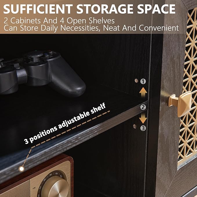 Mid Century Modern TV Stand for 65 inch TV, Entertainment Center with Storage, Metal Mesh Decorated Cabinet Doors for Living Room, Black