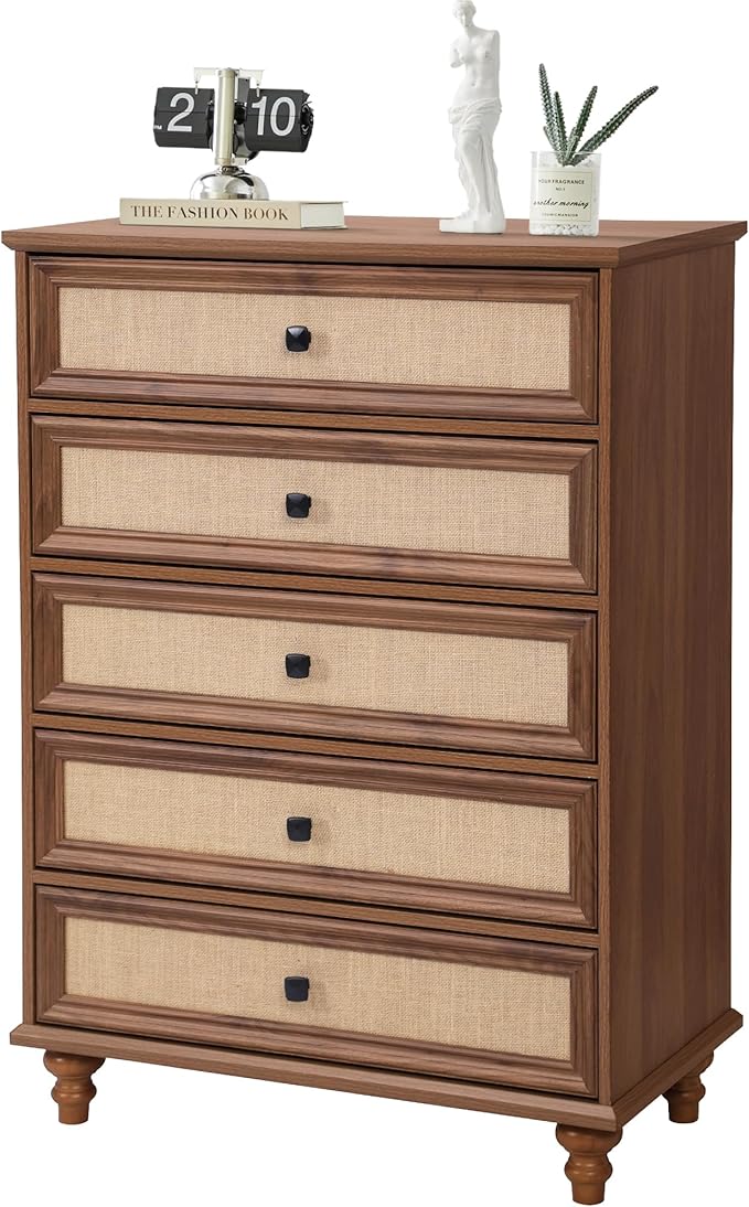 ORRD 10 Drawer Dresser for Bedroom, Mid Century Modern Wide Wood Rustic Chest of Drawers Wooden Storage Organizer Dressers with Rattan Burlap Drawers for Living Room, Hallway Closet, Entryway, Walnut