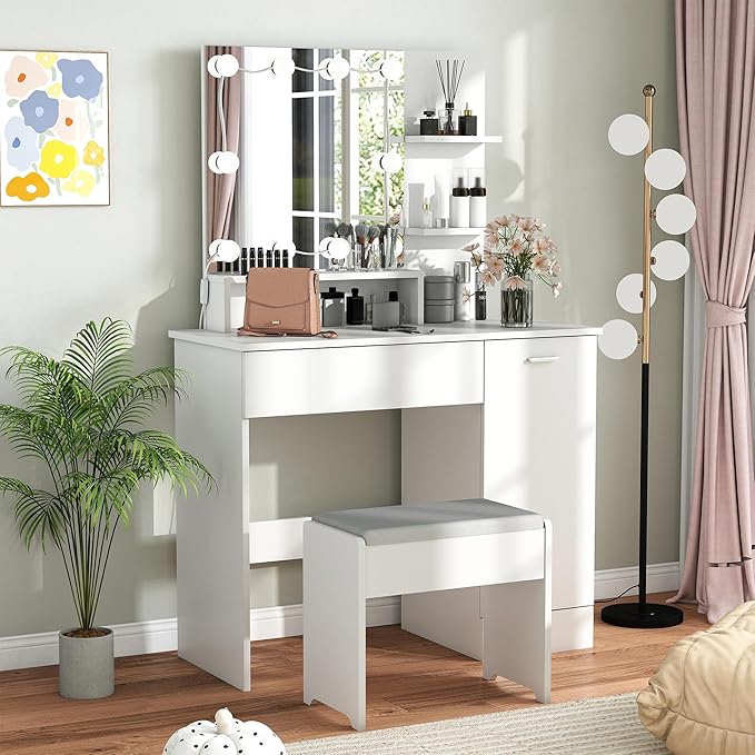 White Makeup Vanity Desk: 35" Makeup Vanity with Lights and Mirror, Wood Make Up Table with Drawers, Bedroom LED Make Up Desk and Stool Set (White)