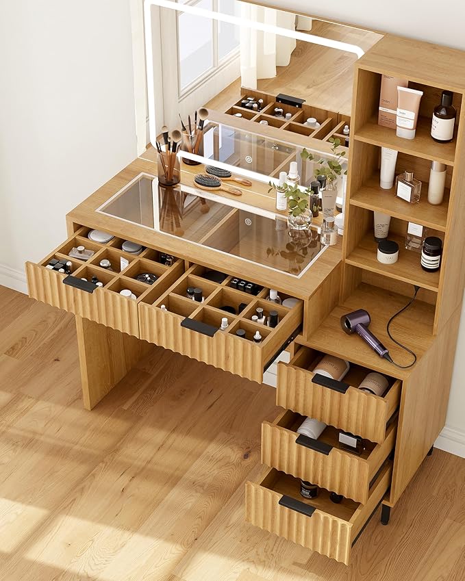 Fluted Vanity Desk with Large Mirror and Lights, Modern Wood Makeup Vanity Desk with Glass Top, Charging Station, 5 Drawers Adjustable Open Shelves, Dressing Table Set for Bedroom, Natural Oak