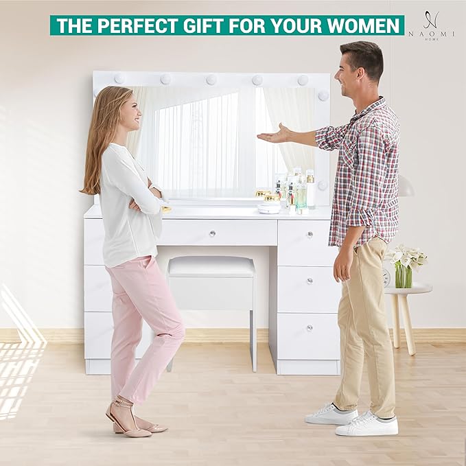 Naomi Home 46" Vera Vanity Set – Makeup Desk with Mirror, 11 LED Lights, Adjustable Brightness & 3 Lighting Modes – Includes Chair and 7 Storage Drawers