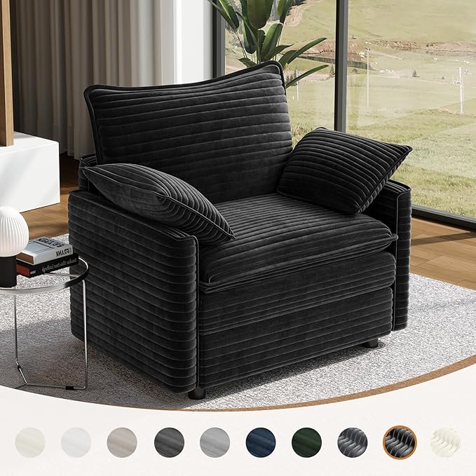 Vesgantti 40" Single Seat Sofa, Comfy Cloud Couch Deep Seat Upholstered Couch Corduroy Modern Sofa with Armrest Pillow, Easy Assembly for Living Room, Bedroom and Apartment, Black