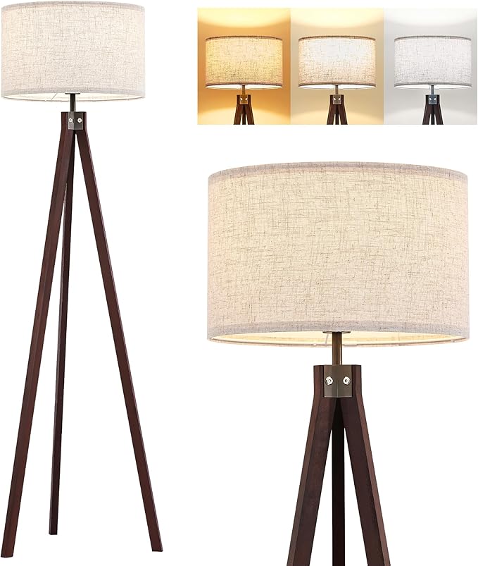 ELYONA Wood Tripod Floor Lamp, Mid Century Modern Reading Standing Light, Tall Studying Light with 3 Color Temperatures LED Bulb & Nature Linen Shade for Farmhouse Living Room Bedroom Office, Walnut