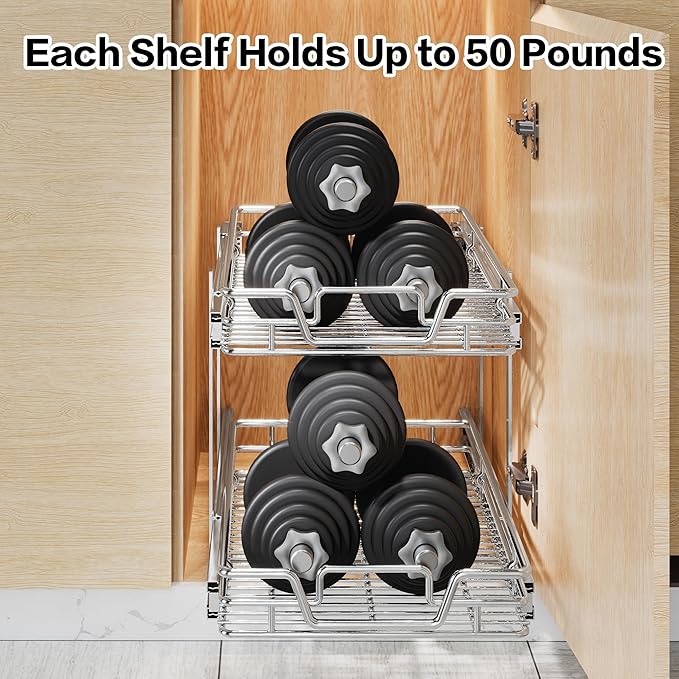 2-Tier Kitchen Cabinet Pull Out Shelf and Drawer Organizer Slide Out Pantry Storaqe Basket in Multiple Sizes (14" W x 21" D)