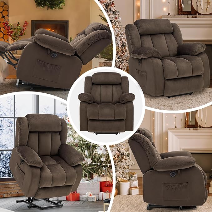 Power Lift Recliner Chair for Elderly with Heated and Massage, Adjustable Lift Chair Recliner, USB Port, Side Pocket, Plush Fabric, Brown