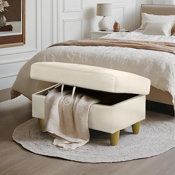 Ottoman Rectangular Storage Ottoman Bench, Faux Leather Footrest, Coffee Table, Stool Footstool with Hinged Lid for Living Room, Bedroom, Entryway, White, 35"x23.5"x17.5"