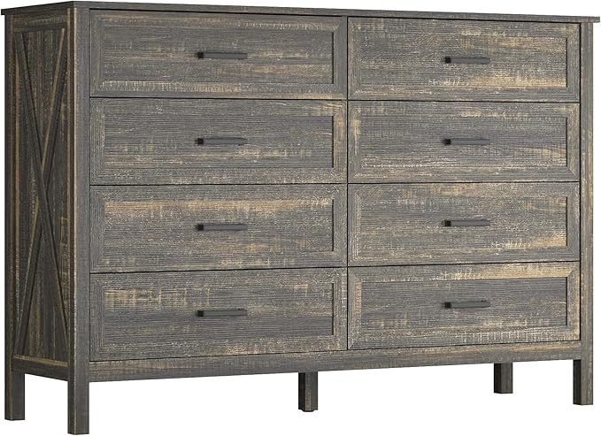 Farmhouse 8 Drawers Dresser for Bedroom, Wood Rustic Wide Chest with Natural Texture, Large Dressers for Bedroom, Hallway, Entryway, Dark Brown