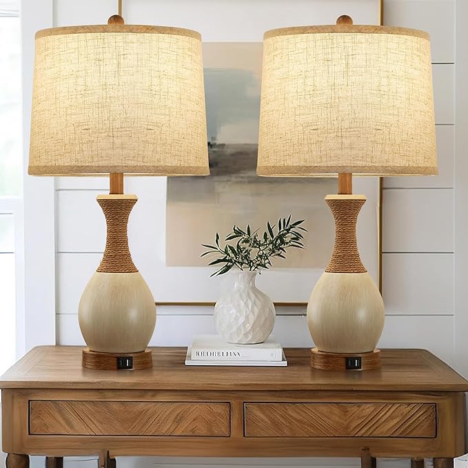 Table Lamp for Bedroom Set of 2 - Bedside Table Lamps with 3 Color Temperatures - Boho Rattan Lamps for Nightstand with USB A+C Charging Ports Farmhouse Living Room Lamp Bulb Included